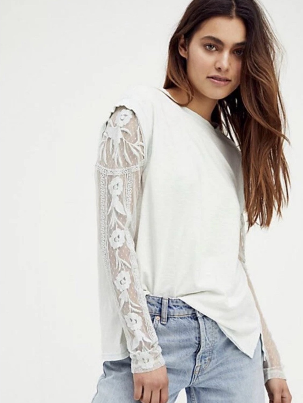 Free People Billie Jean Twofer Top NWT XL Light Aqua Lace Sleeve Boho - Picture 1 of 8